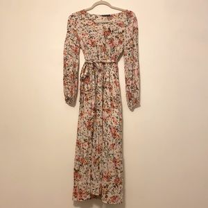 Boutique floral long sleeve midi dress with belt